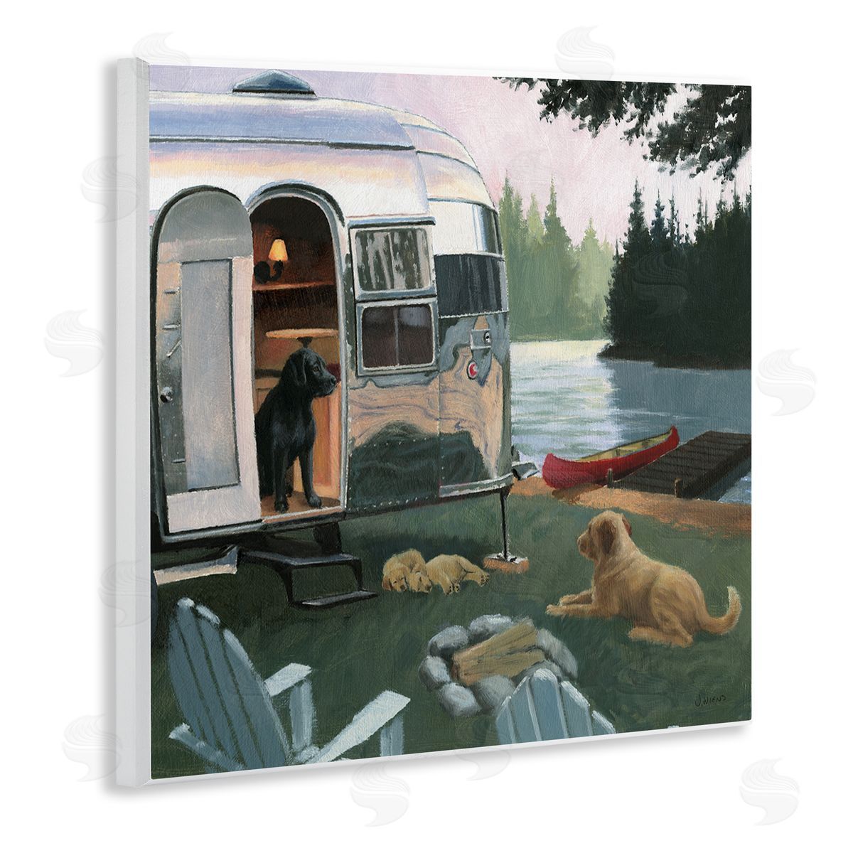 James Wiens Camping Dogs at Lake Wooden Wall Plaque Art Print