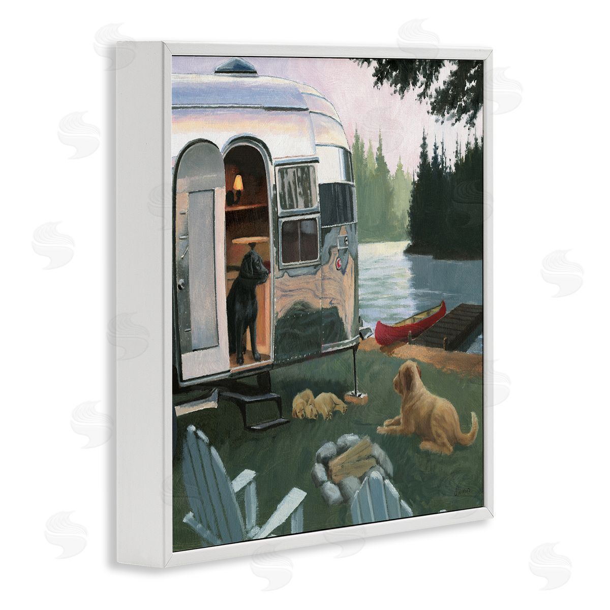 James Wiens Camping Dogs at Lake White Framed Glicee Wall Art Print
