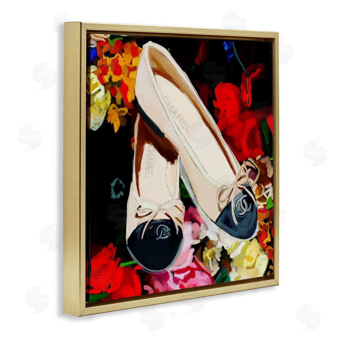 Amelia Noyes Glam Shoes Floral Fashion Gold Floating Frame Canvas Wall Art Print