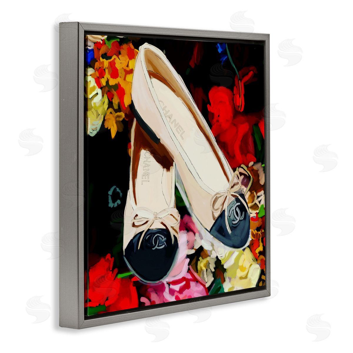 Amelia Noyes Glam Shoes Floral Fashion Gray Floating Frame Canvas Wall Art Print