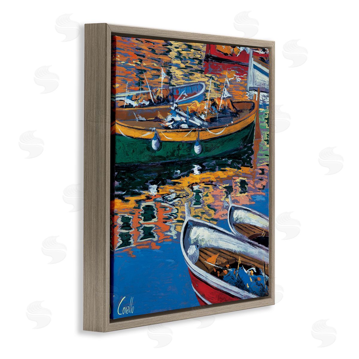 Daniela Corallo Boats in Water Reflection Brown Floating Frame Canvas Wall Art Print