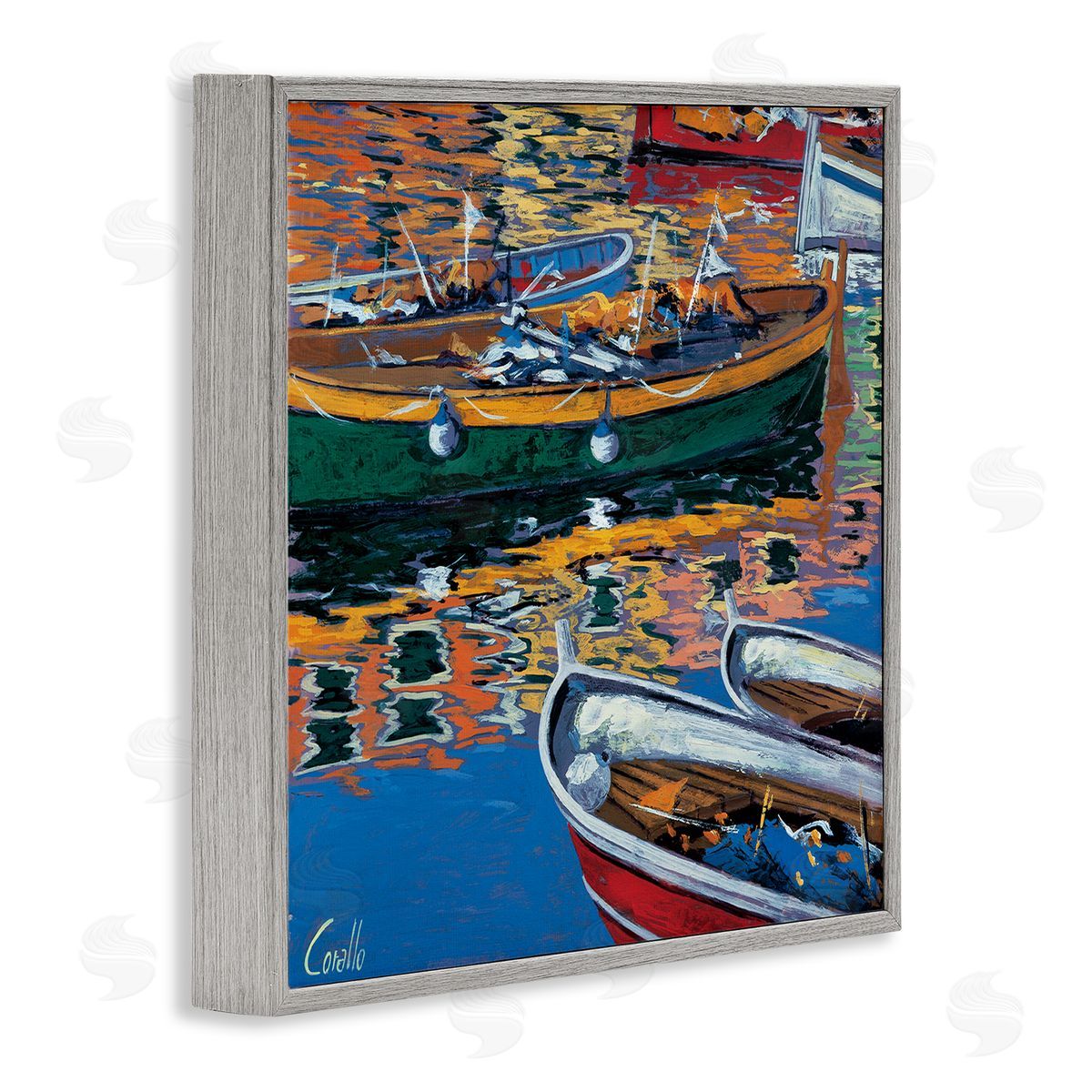 Daniela Corallo Boats in Water Reflection Gray Framed Glicee Wall Art Print