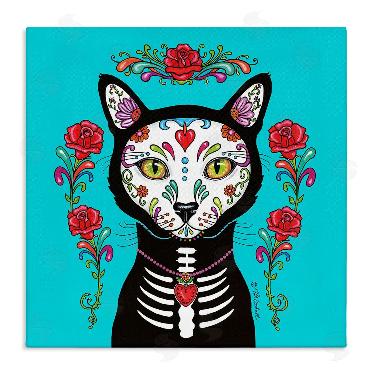 Pat Cockrell Day of Dead Cat Portrait Stretched Canvas Wall Art Print