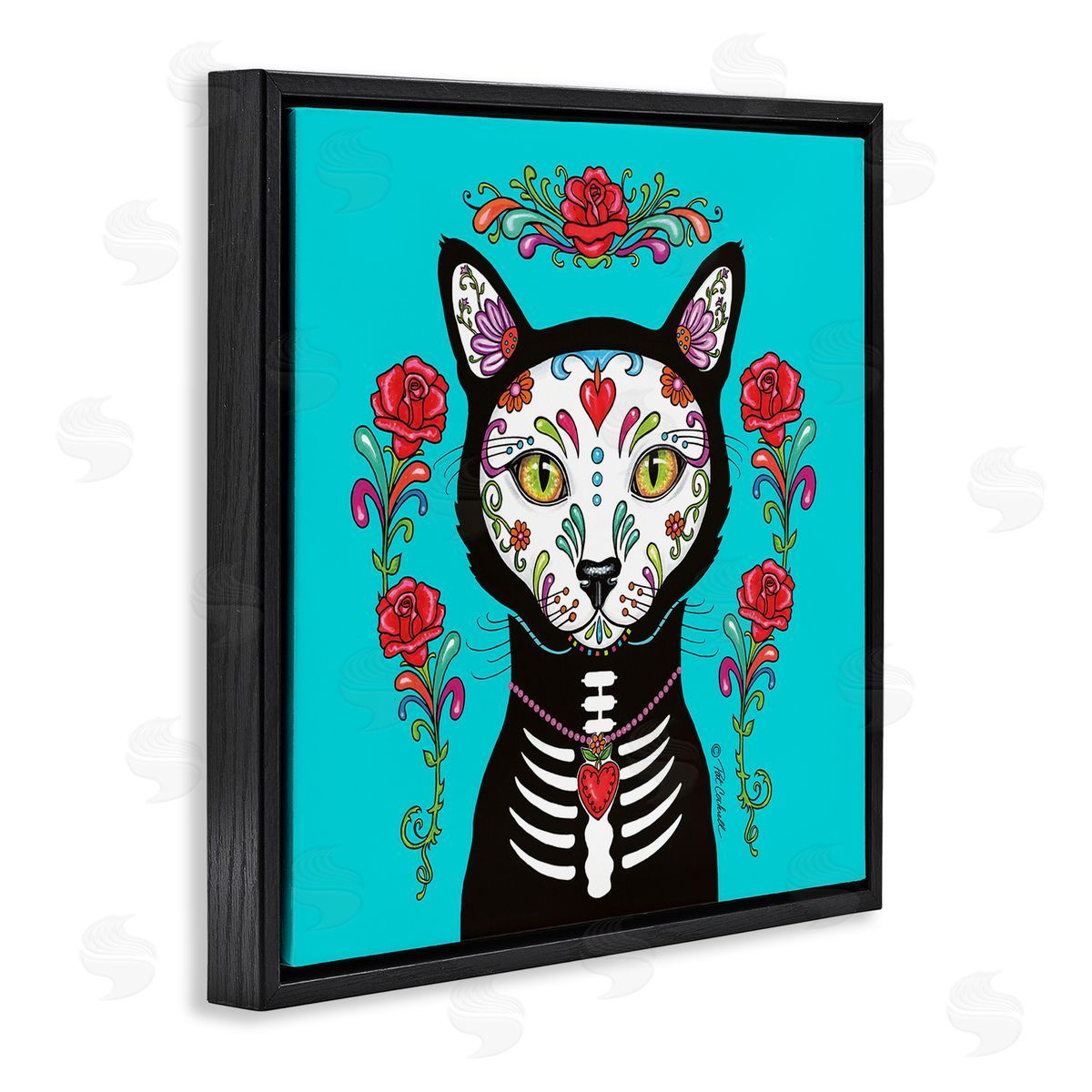 Pat Cockrell Day of Dead Cat Portrait Black Floating Frame Canvas Wall Art Print