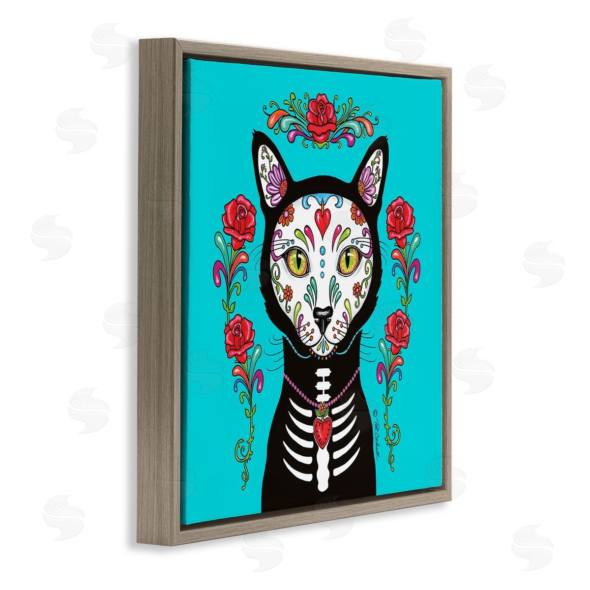 Pat Cockrell Day of Dead Cat Portrait Brown Floating Frame Canvas Wall Art Print