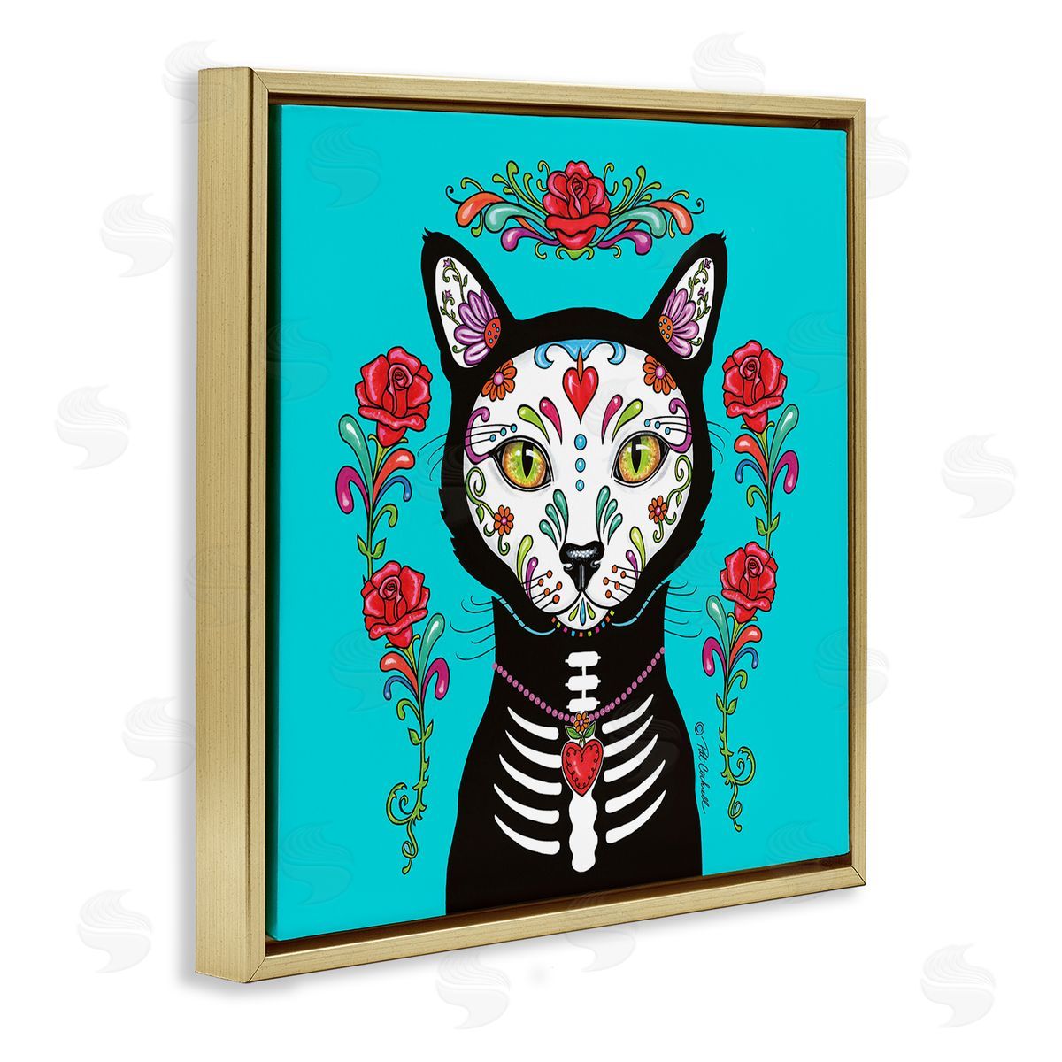 Pat Cockrell Day of Dead Cat Portrait Gold Floating Frame Canvas Wall Art Print