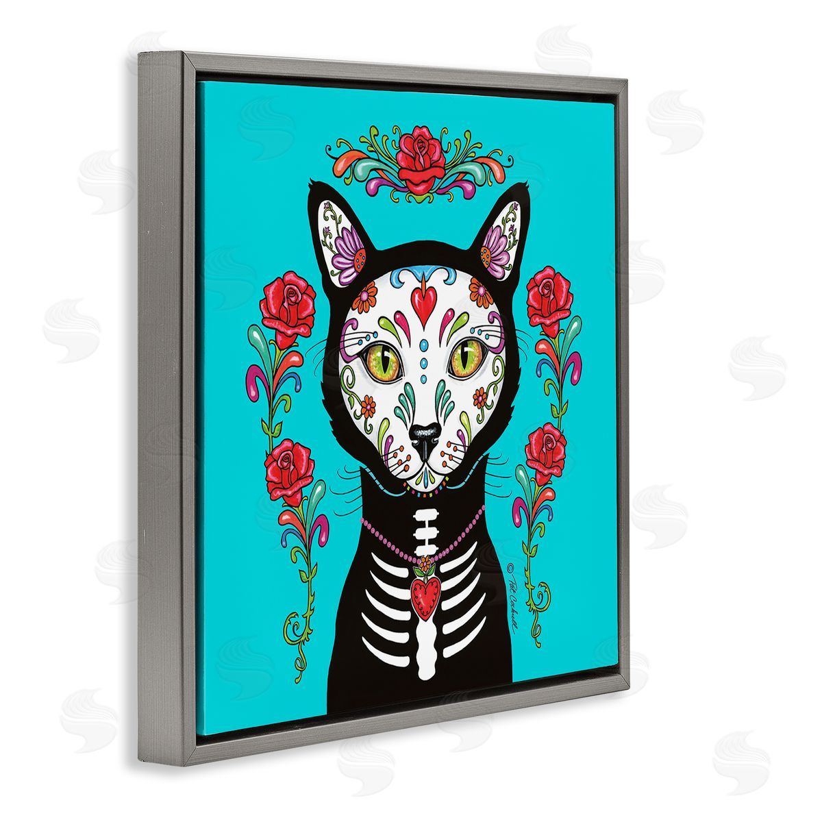Pat Cockrell Day of Dead Cat Portrait Gray Floating Frame Canvas Wall Art Print
