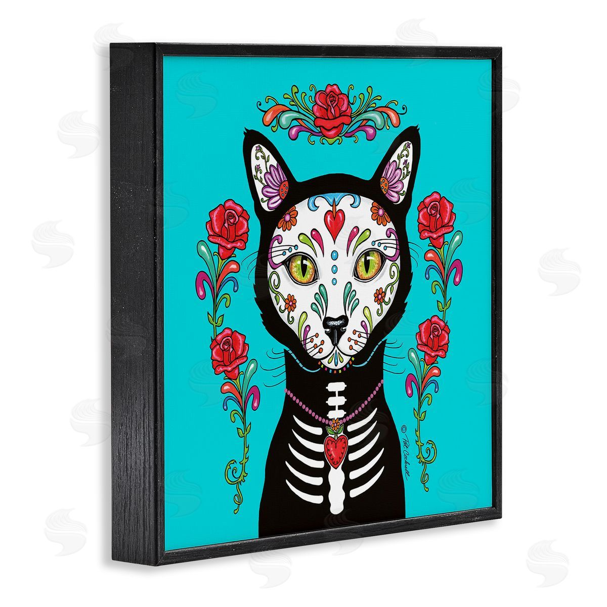 Pat Cockrell Day of Dead Cat Portrait Black Framed Glicee Wall Art Print