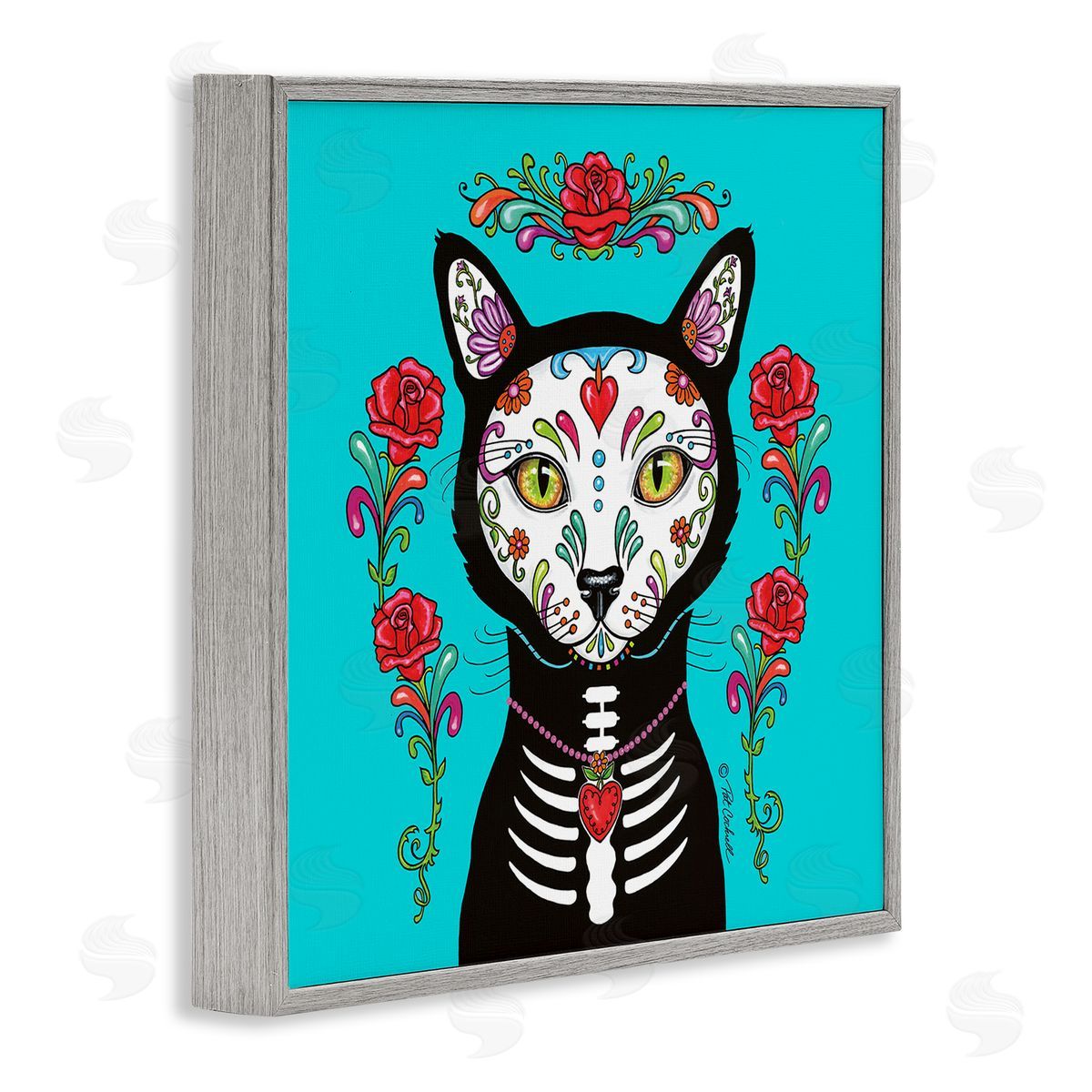 Pat Cockrell Day of Dead Cat Portrait Gray Framed Glicee Wall Art Print