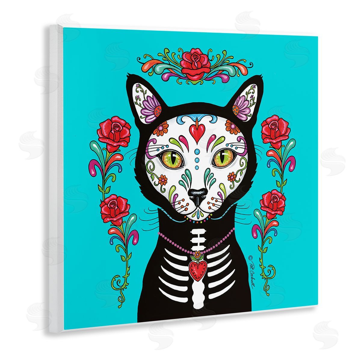 Pat Cockrell Day of Dead Cat Portrait Wooden Wall Plaque Art Print
