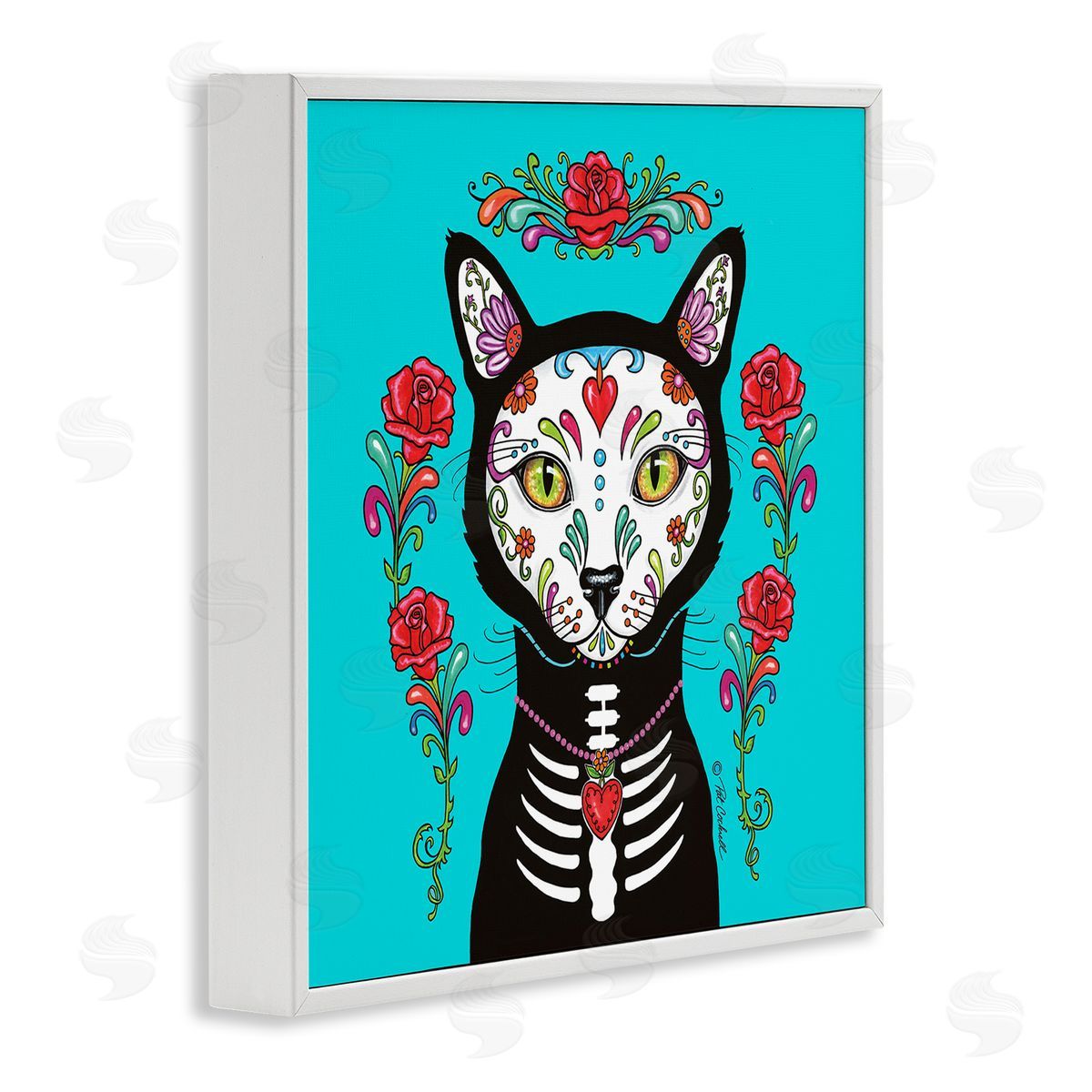 Pat Cockrell Day of Dead Cat Portrait White Framed Glicee Wall Art Print