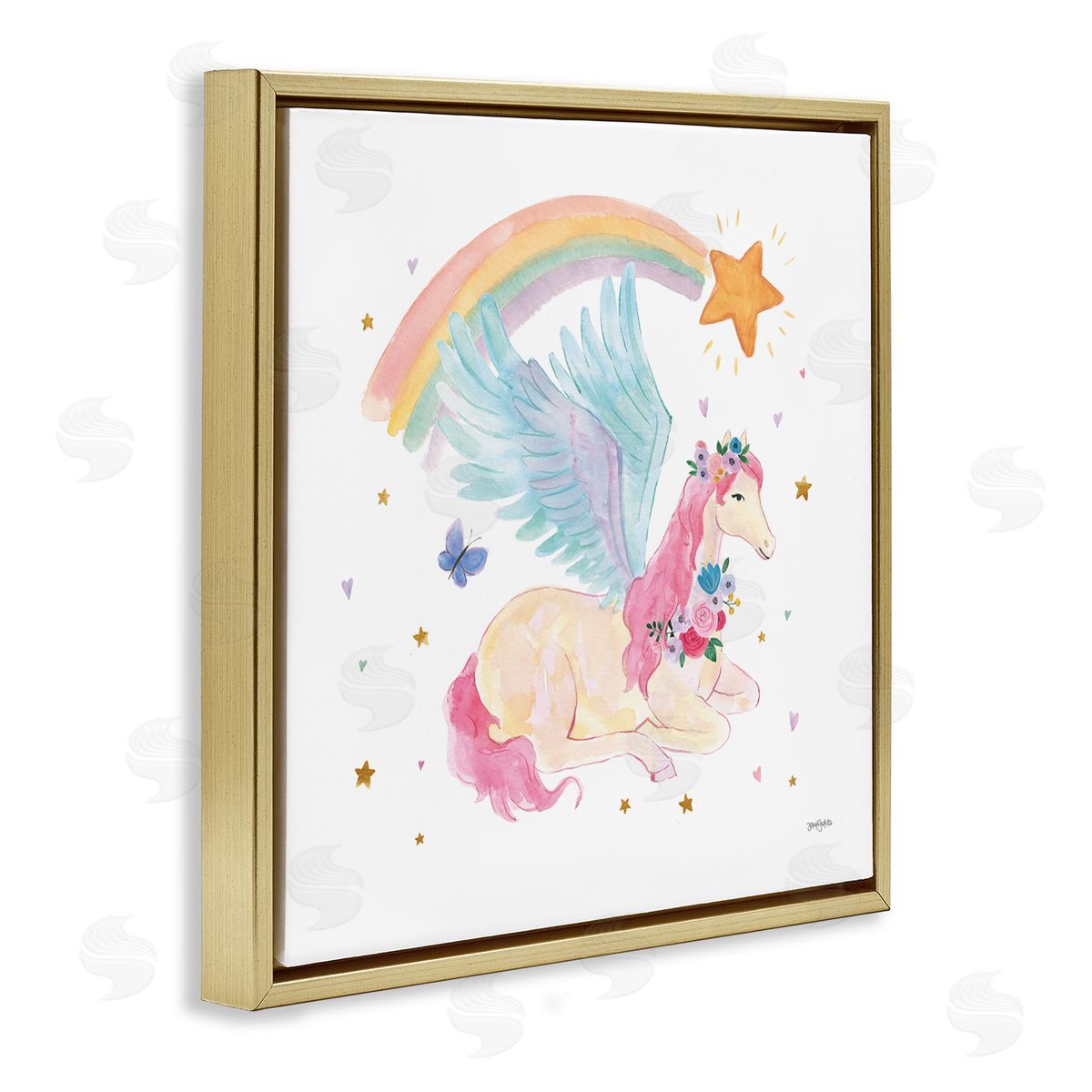 Jenaya Jackson Pegasus & Butterfly Rainbow Gold Floating Frame Canvas Wall Art Print