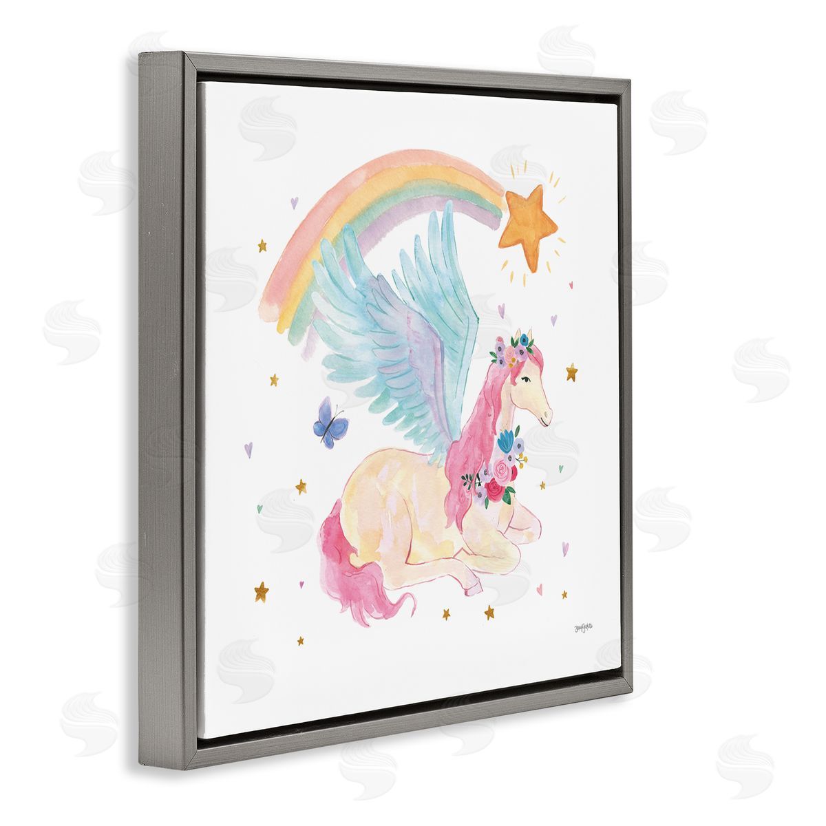 Jenaya Jackson Pegasus & Butterfly Rainbow Gray Floating Frame Canvas Wall Art Print