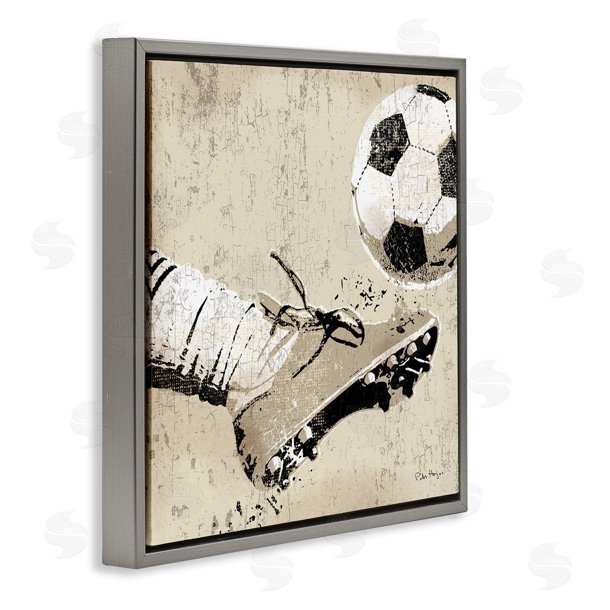 Peter Horjus Kicking Soccer Ball Gray Floating Frame Canvas Wall Art Print