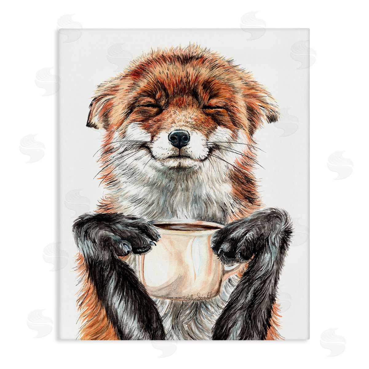 Happy Fox with Coffee Canvas Wall Art, Home Decor by Holly Simental