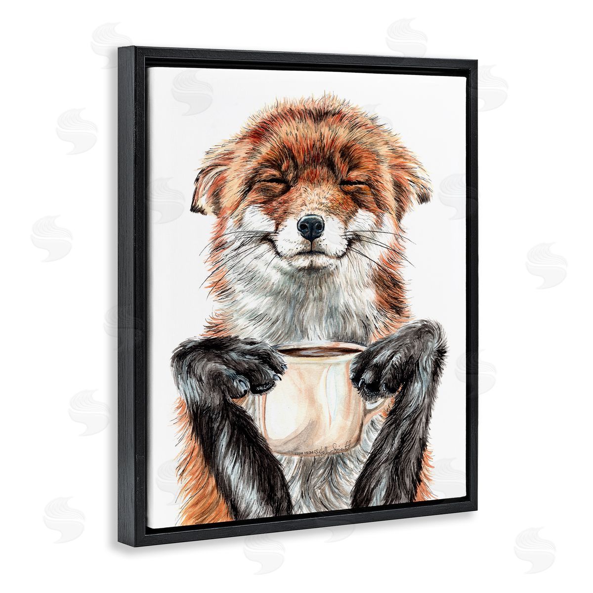 Happy Fox with Coffee Black Floating Frame Canvas Wall Art, Home Decor by Holly Simental