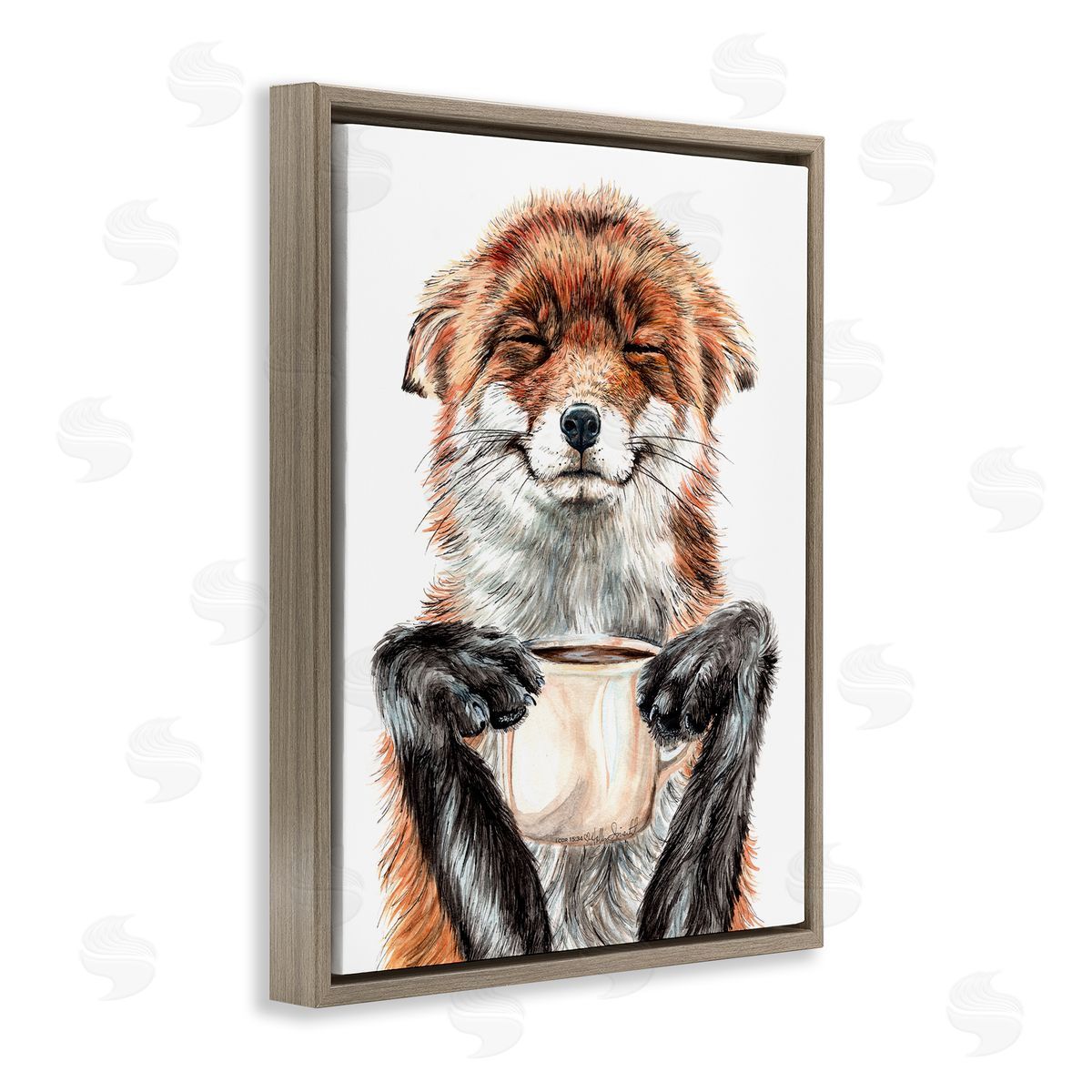 Happy Fox with Coffee Brown Floating Frame Canvas Wall Art, Home Decor by Holly Simental
