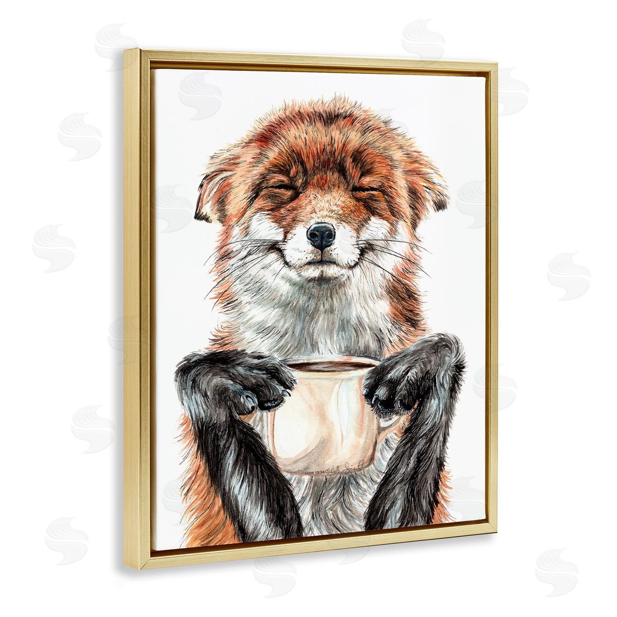 Happy Fox with Coffee Gold Floating Frame Canvas Wall Art, Home Decor by Holly Simental
