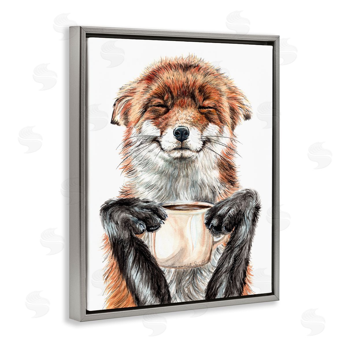 Happy Fox with Coffee Grey Floating Frame Canvas Wall Art, Home Decor by Holly Simental