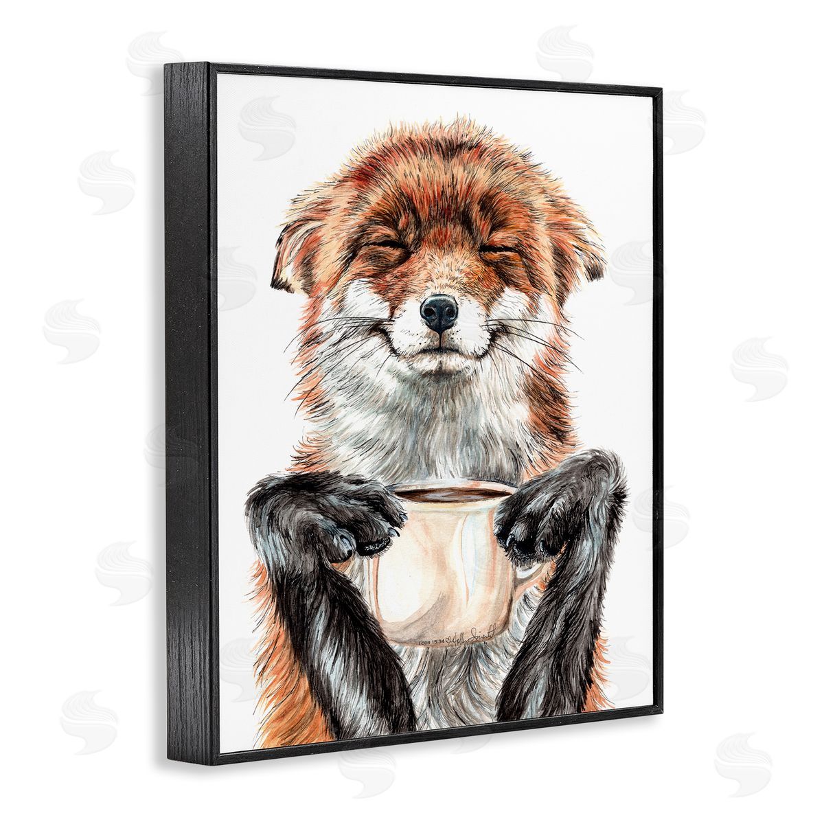 Happy Fox with Coffee Black Frame Print Wall Art, Home Decor by Holly Simental