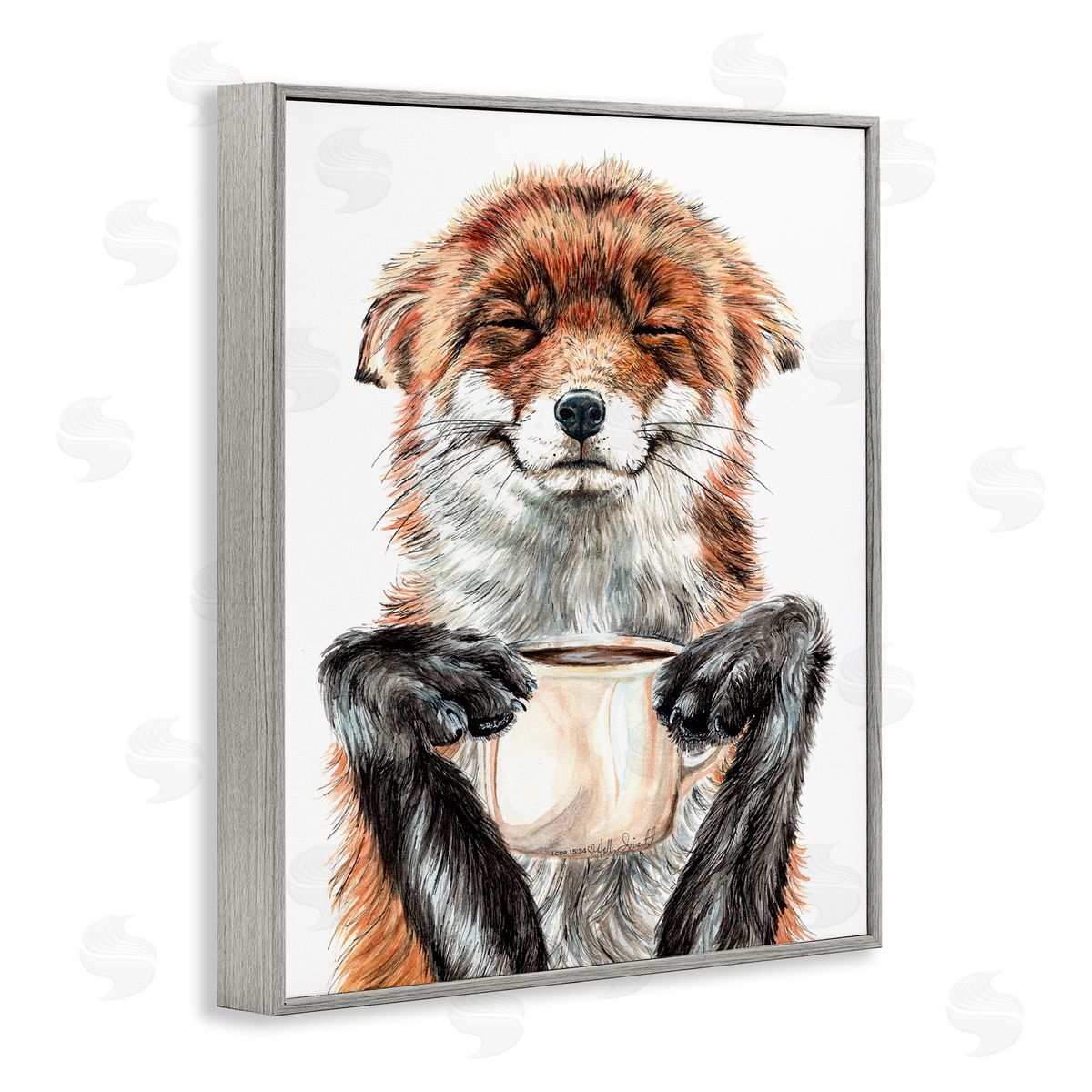 Happy Fox with Coffee Grey Frame Print Wall Art, Home Decor by Holly Simental