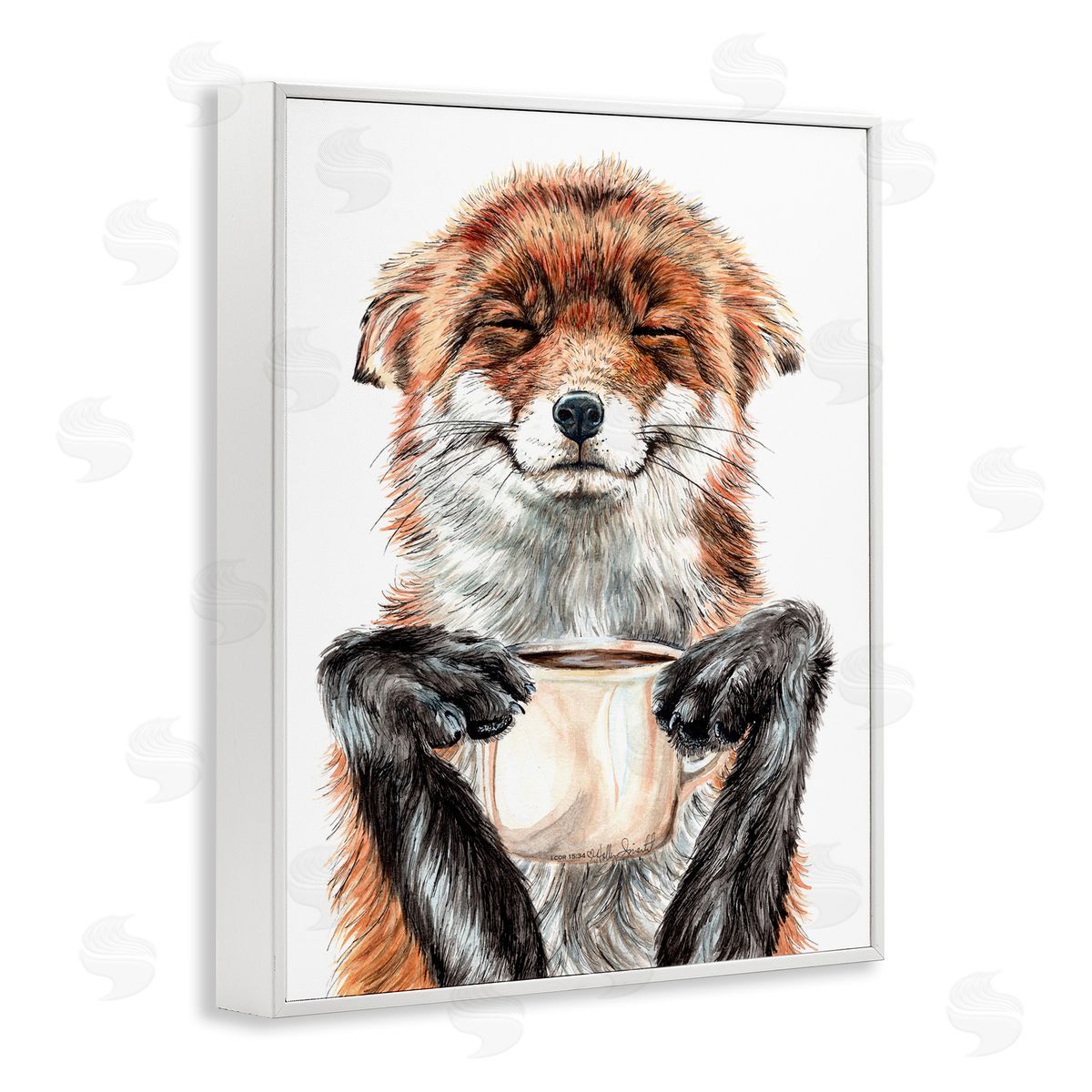 Happy Fox with Coffee White Frame Print Wall Art, Home Decor by Holly Simental
