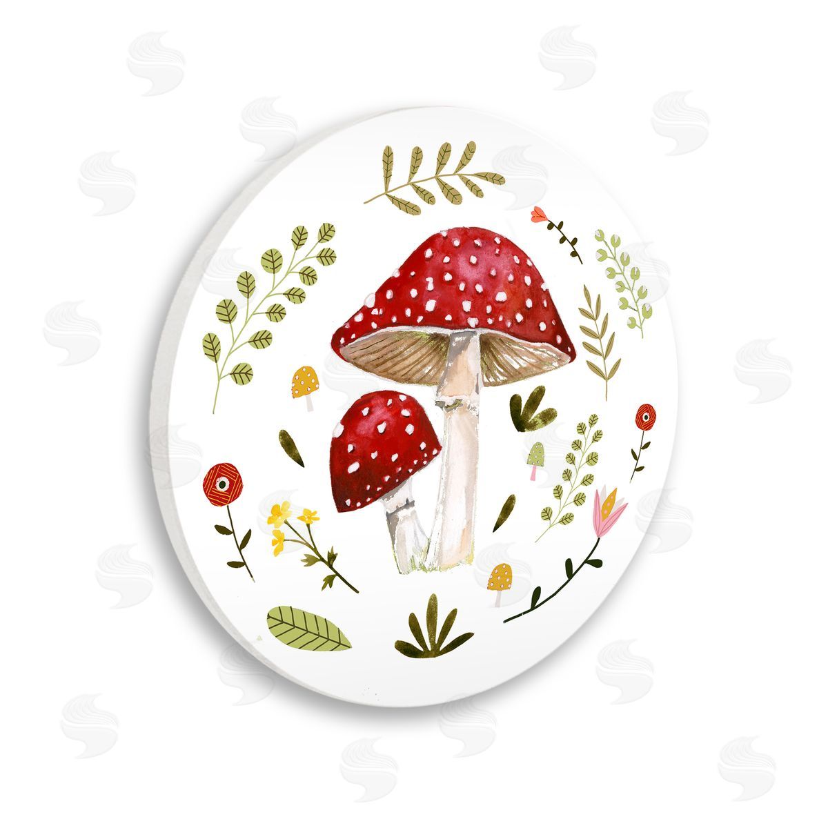 Victoria Barnes Mushrooms & Botanical Sprigs Wooden Wall Plaque Art Print