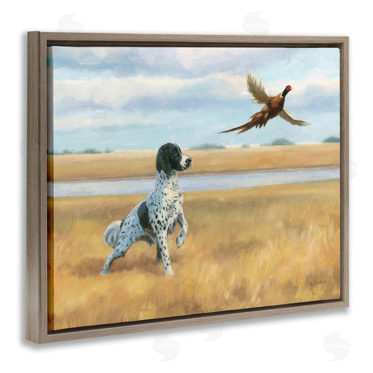 Pointer Dog & Pheasant Brown Floating Frame Canvas Wall Art, Home Decor by James Wiens