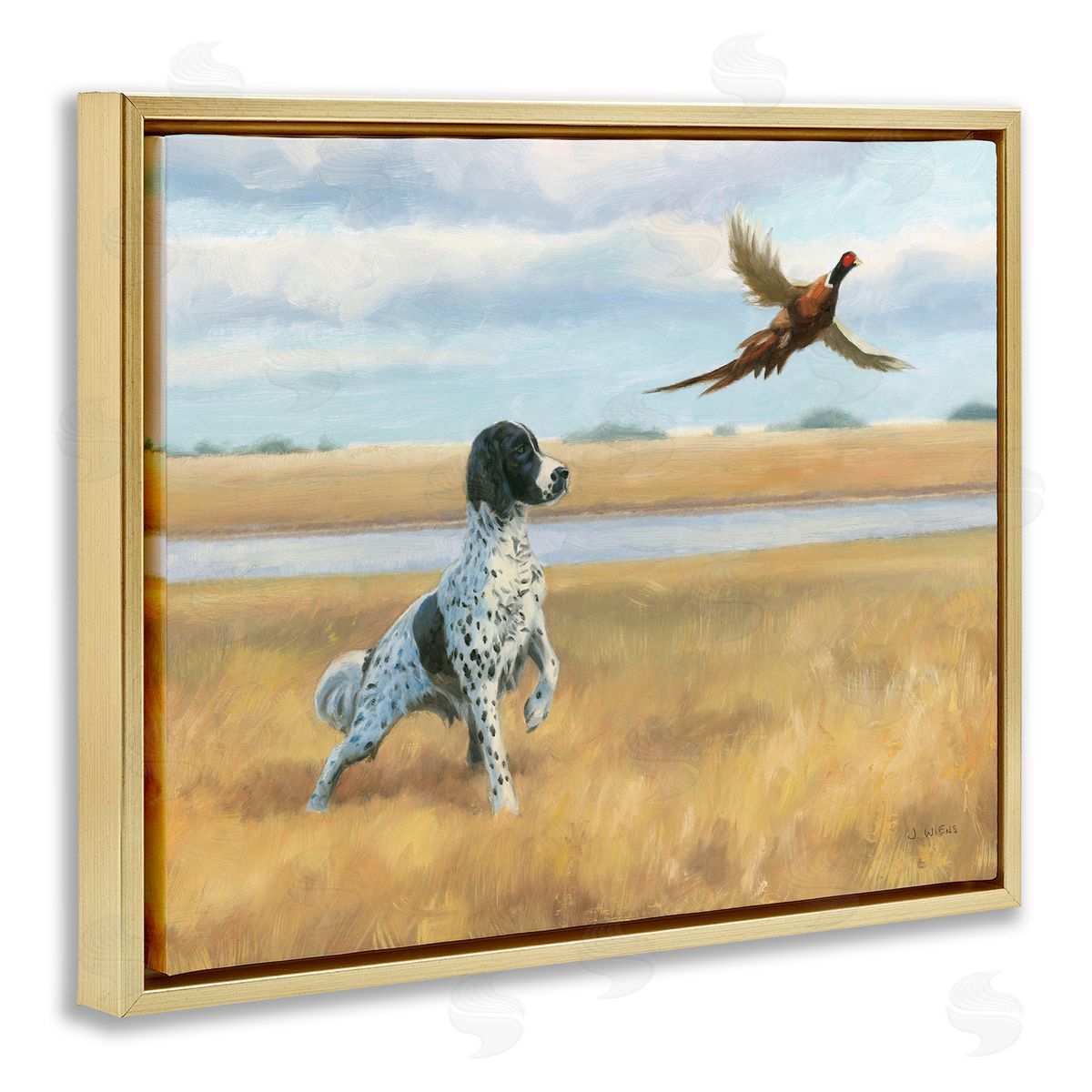 Pointer Dog & Pheasant Gold Floating Frame Canvas Wall Art, Home Decor by James Wiens