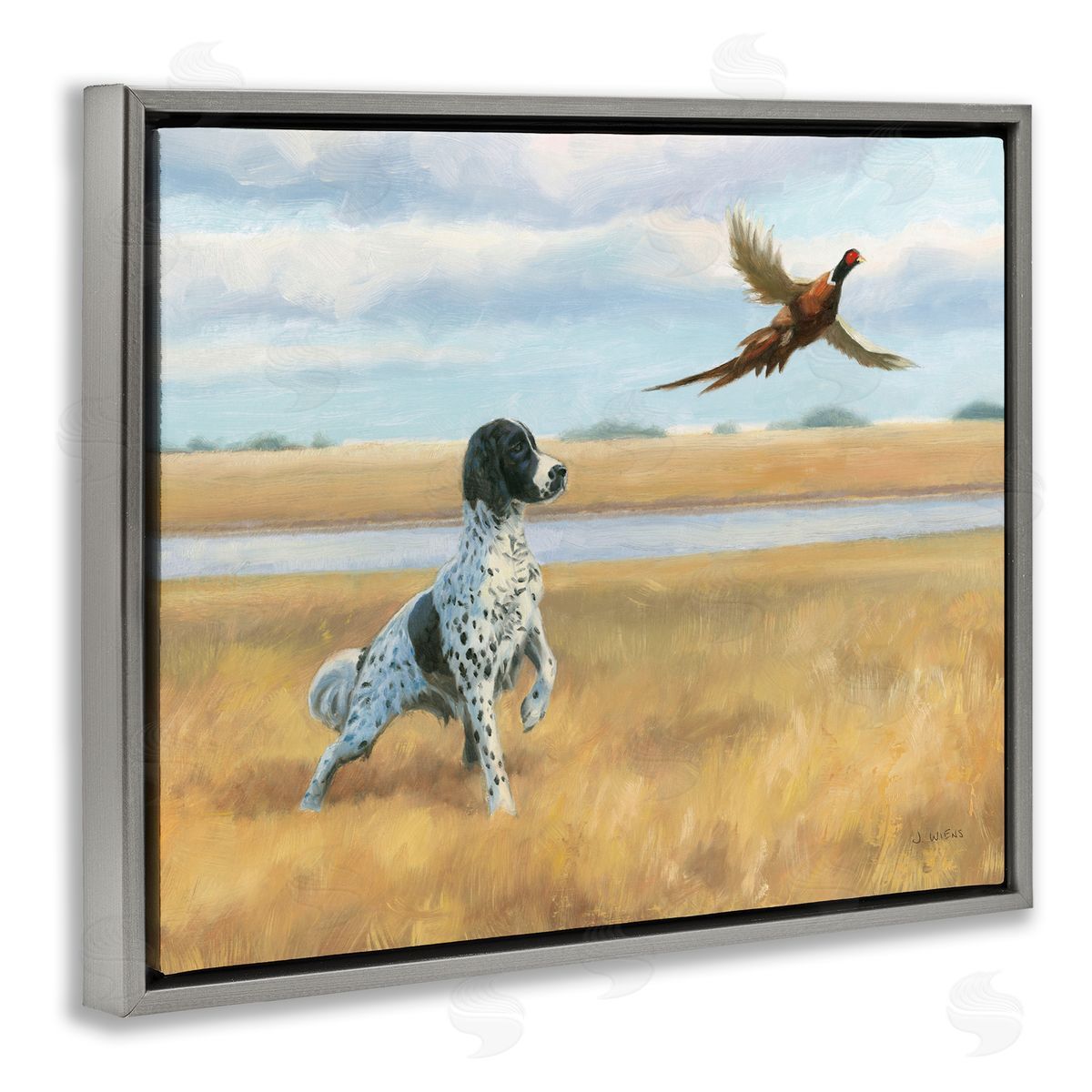 Pointer Dog & Pheasant Grey Floating Frame Canvas Wall Art, Home Decor by James Wiens