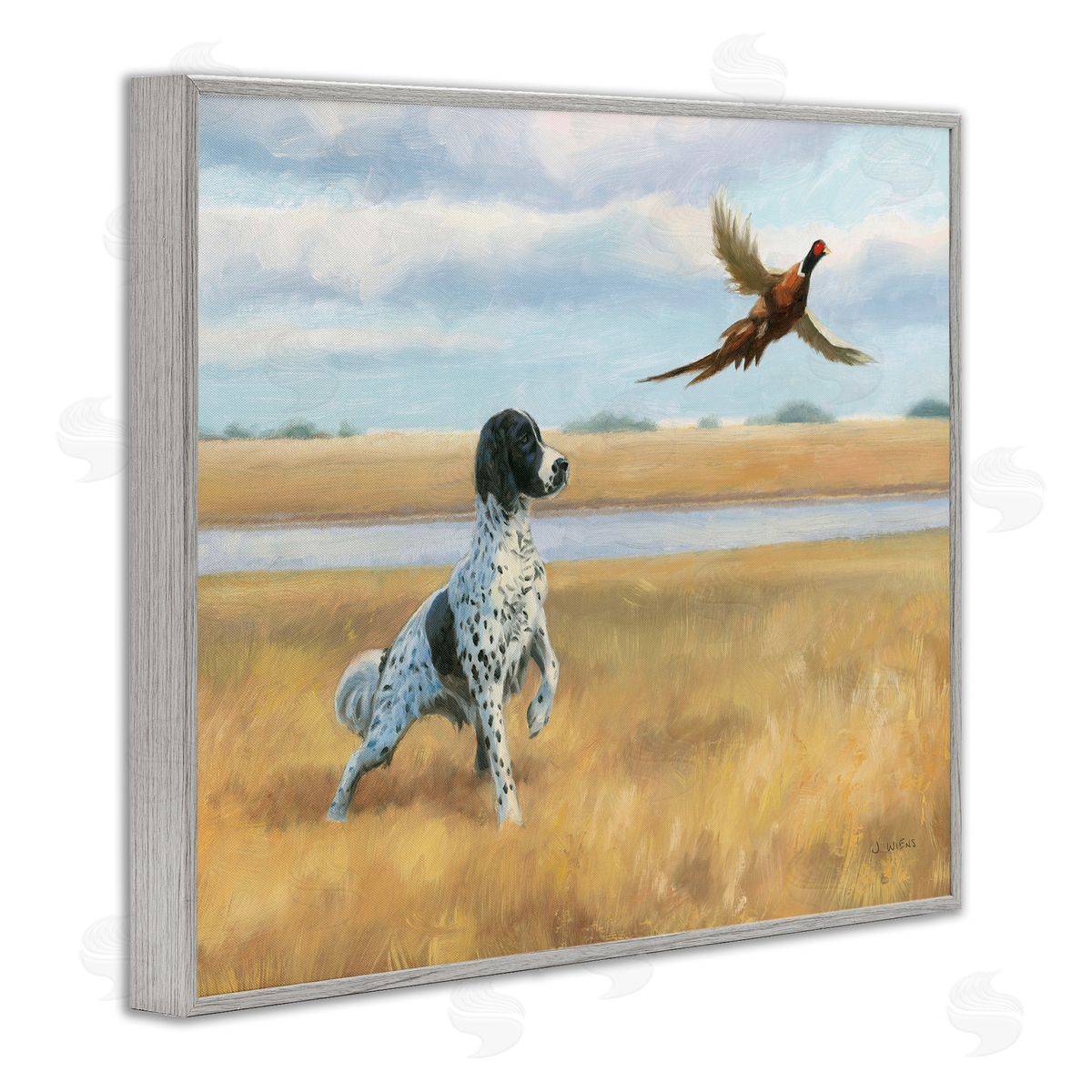 Pointer Dog & Pheasant Grey Frame Print Wall Art, Home Decor by James Wiens