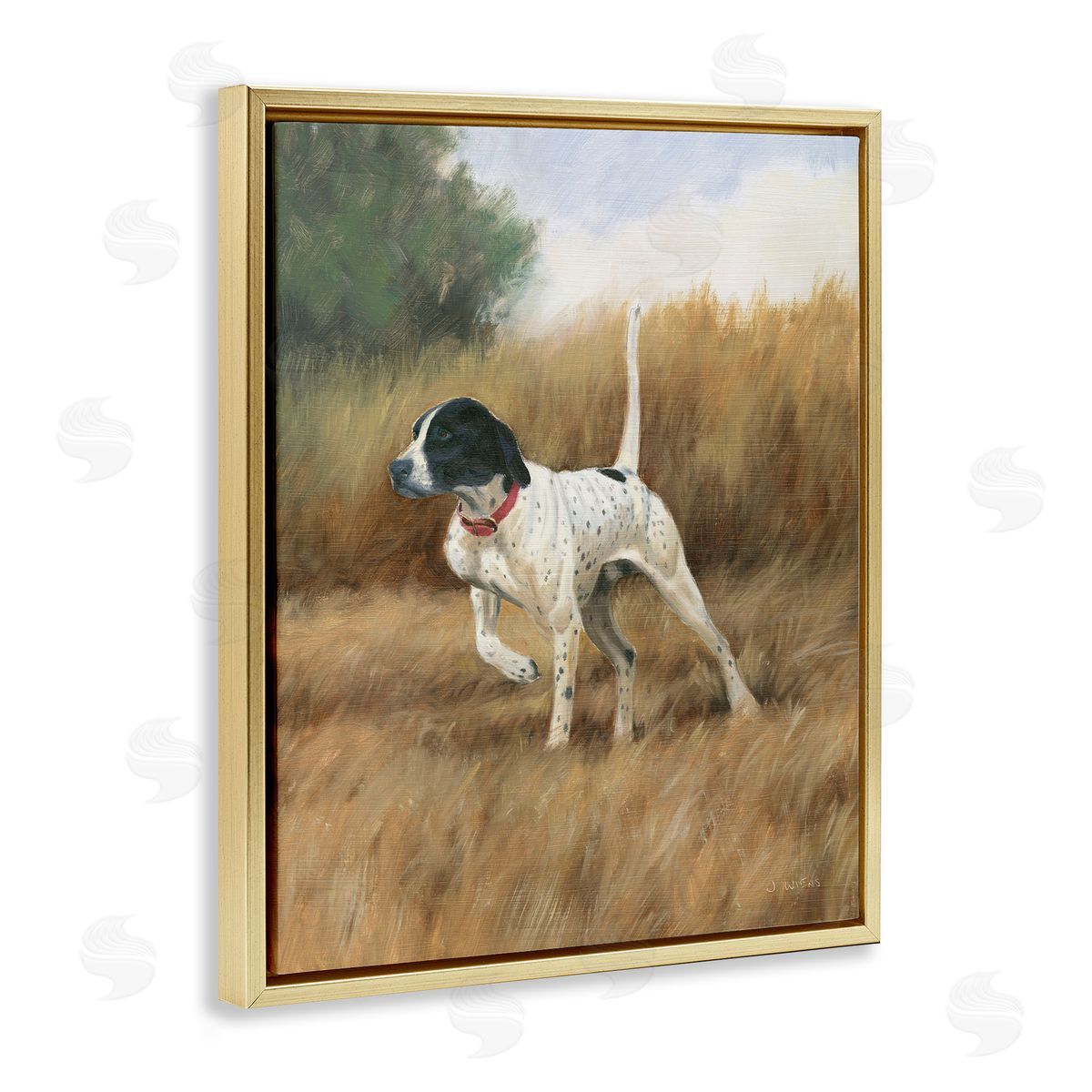 Pointer Dog in Field Gold Floating Frame Canvas Wall Art, Home Decor by James Wiens
