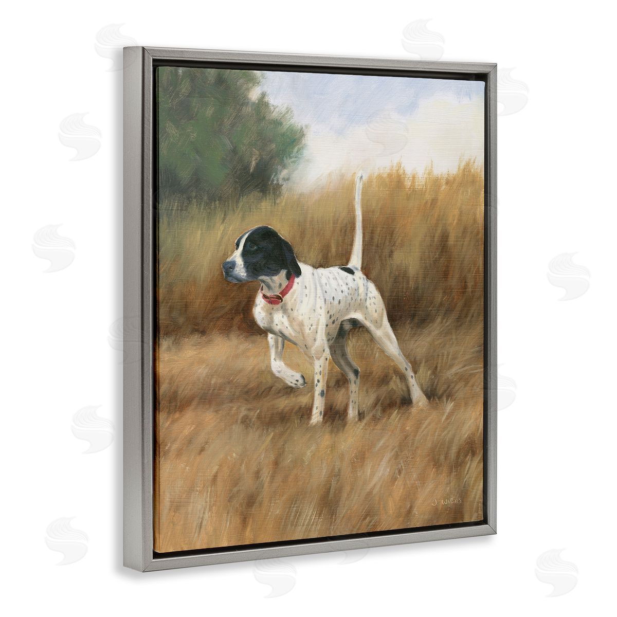 Pointer Dog in Field Grey Floating Frame Canvas Wall Art, Home Decor by James Wiens