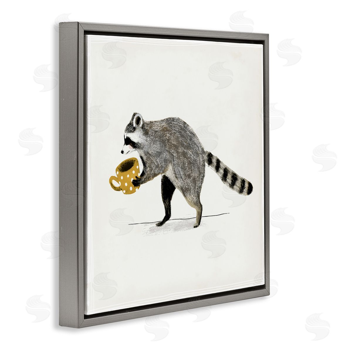 Victoria Barnes Raccoon & Coffee Mug Gray Floating Frame Canvas Wall Art Print