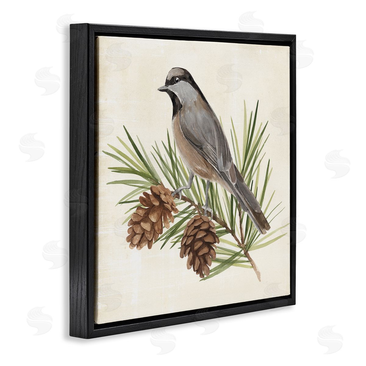 Bird on Pine Tree Black Floating Frame Canvas Wall Art, Home Decor by Annie Warren