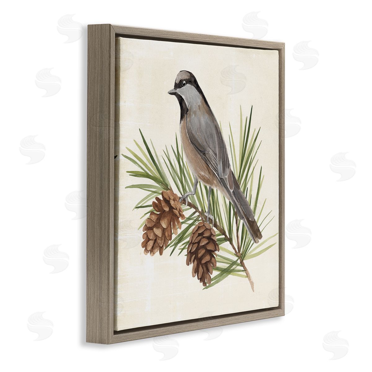 Bird on Pine Tree Brown Floating Frame Canvas Wall Art, Home Decor by Annie Warren
