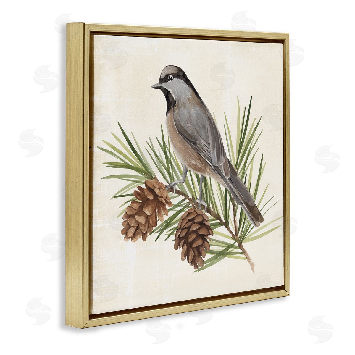 Bird on Pine Tree Gold Floating Frame Canvas Wall Art, Home Decor by Annie Warren
