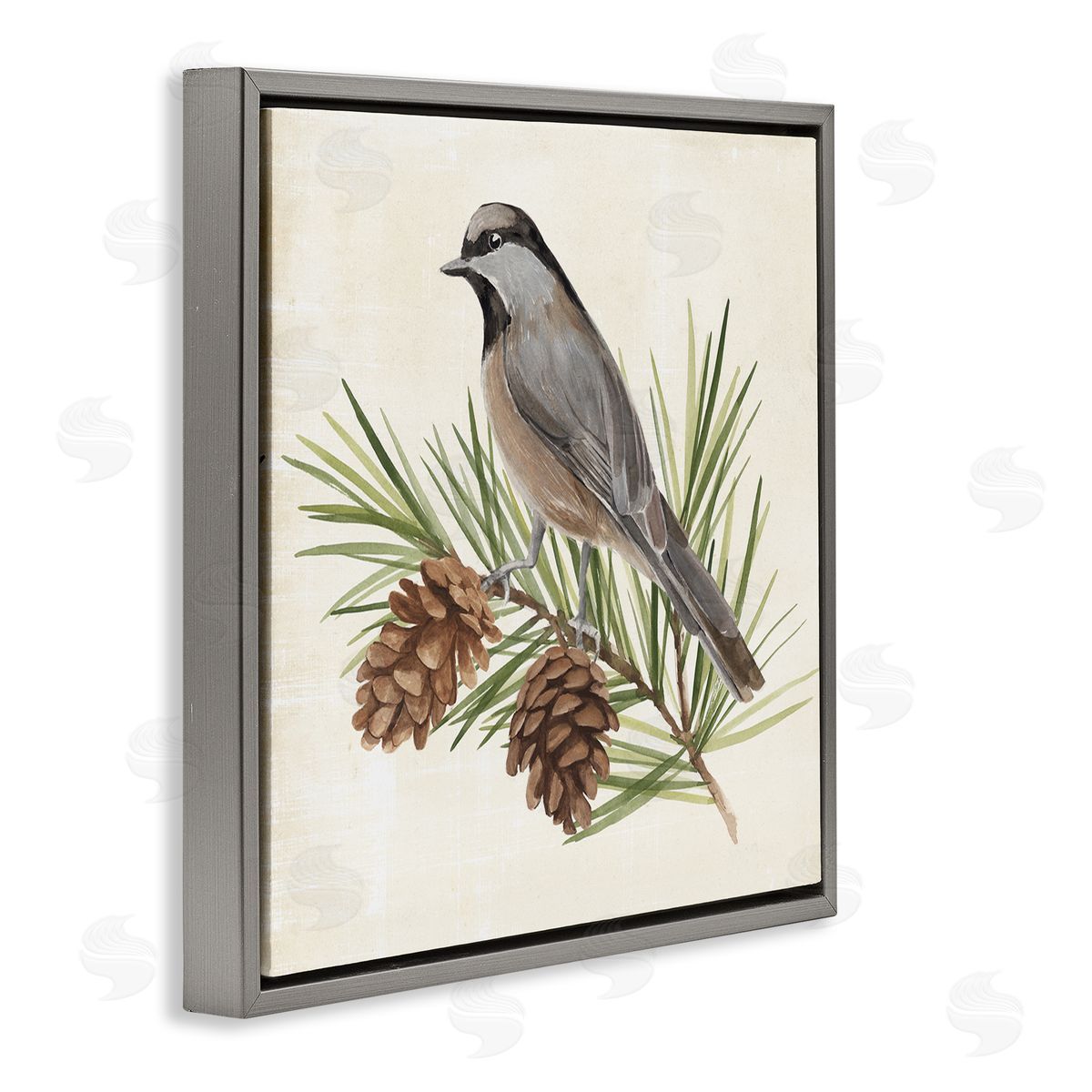 Bird on Pine Tree Grey Floating Frame Canvas Wall Art, Home Decor by Annie Warren