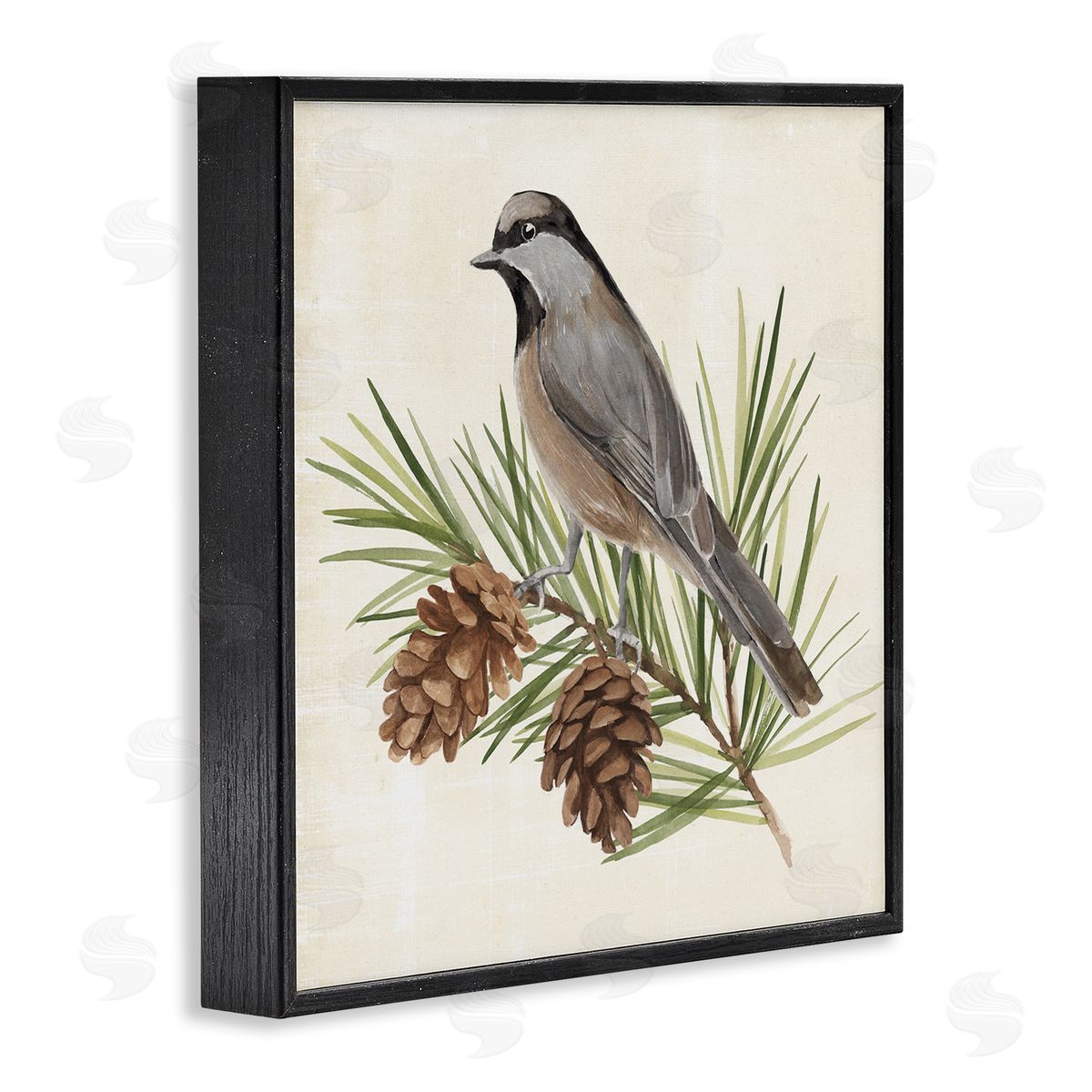 Bird on Pine Tree Black Frame Print Wall Art, Home Decor by Annie Warren