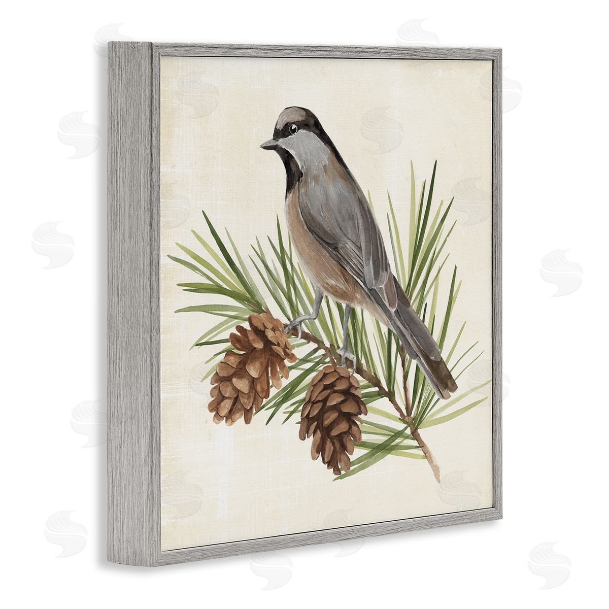 Bird on Pine Tree Grey Frame Print Wall Art, Home Decor by Annie Warren