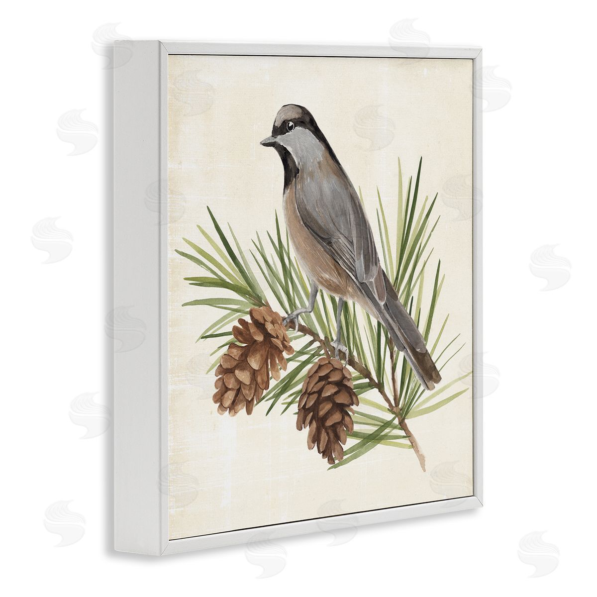 Bird on Pine Tree White Frame Print Wall Art, Home Decor by Annie Warren