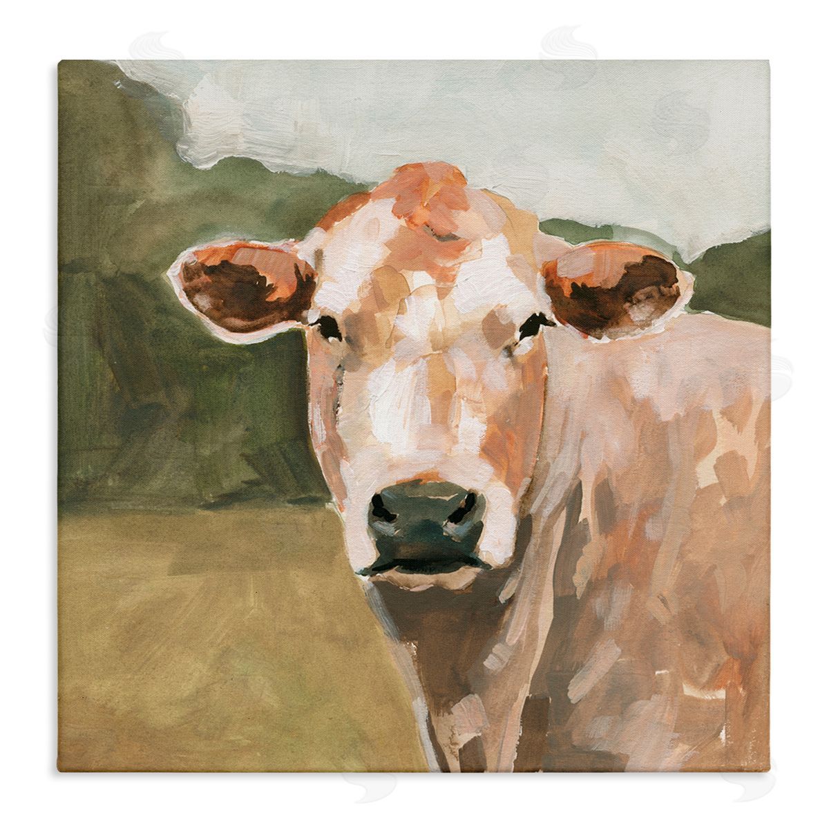 Victoria Barnes Cow in Field Painting Stretched Canvas Wall Art Print
