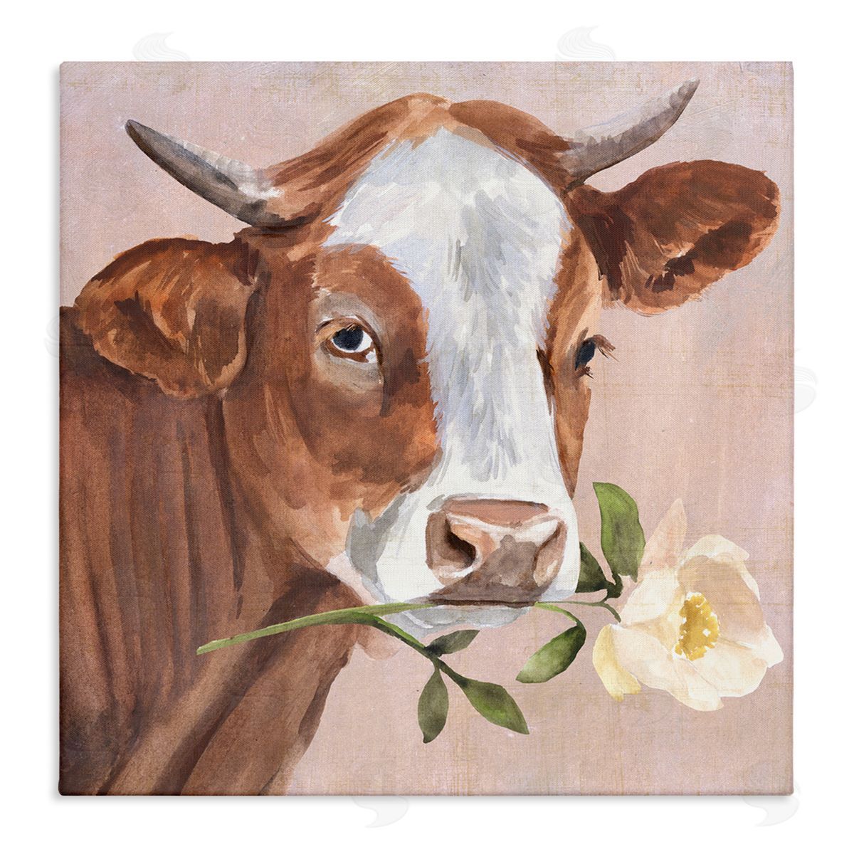 Annie Warren Cow & Rose Blossom Stretched Canvas Wall Art Print
