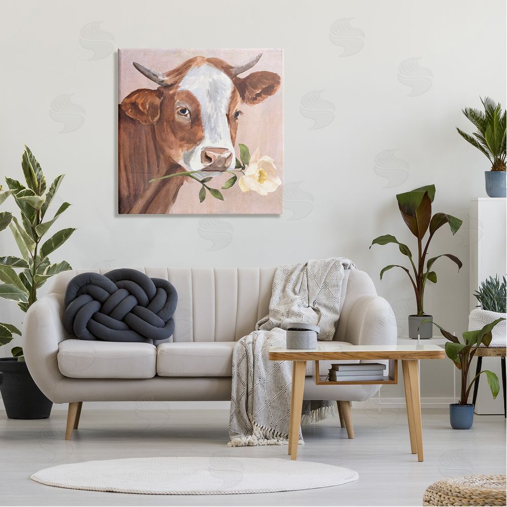 Annie Warren Cow & Rose Blossom Canvas Wall Art in Room