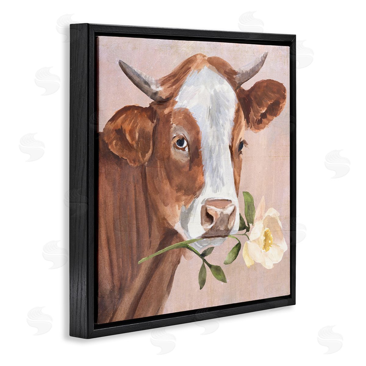 Annie Warren Cow & Rose Blossom Black Floating Frame Canvas Wall Art Print