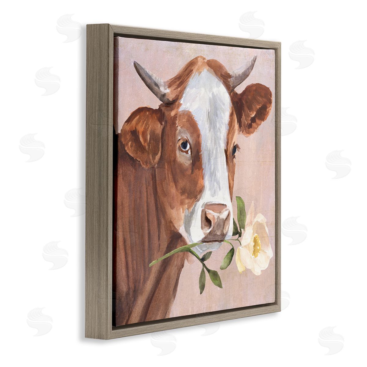 Annie Warren Cow & Rose Blossom Brown Floating Frame Canvas Wall Art Print