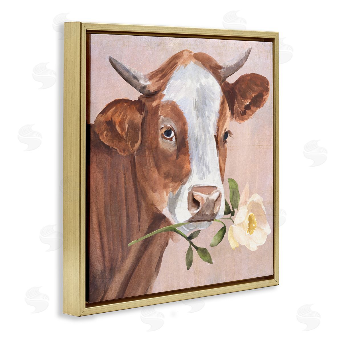 Annie Warren Cow & Rose Blossom Gold Floating Frame Canvas Wall Art Print