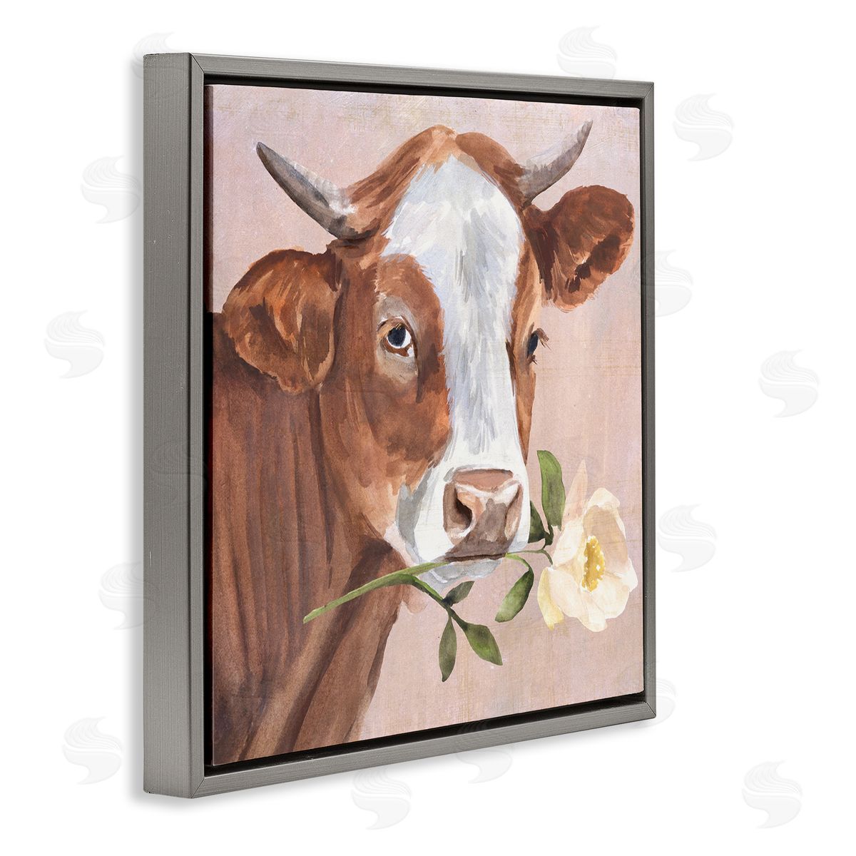 Annie Warren Cow & Rose Blossom Gray Floating Frame Canvas Wall Art Print
