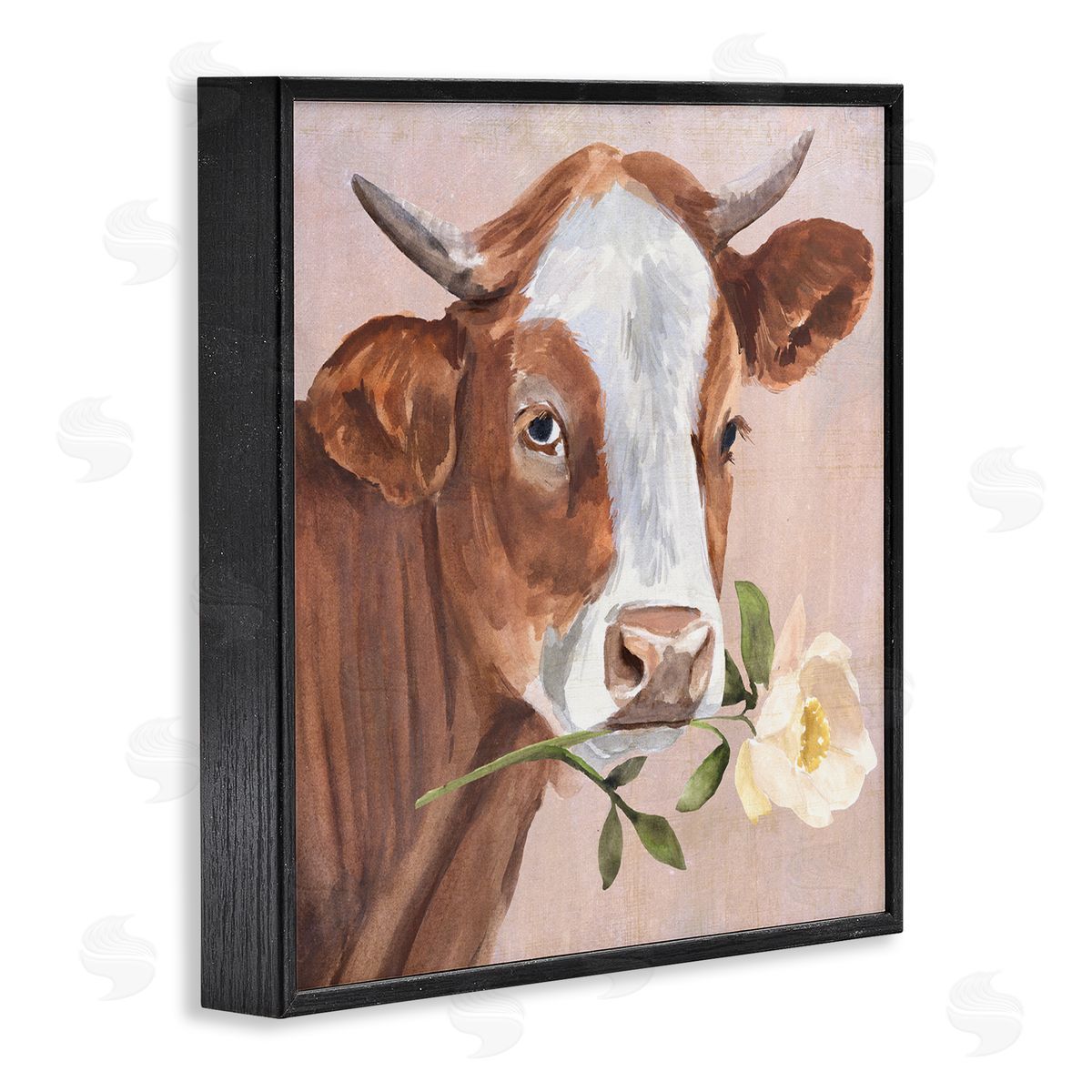 Annie Warren Cow & Rose Blossom Black Framed Glicee Wall Art Print