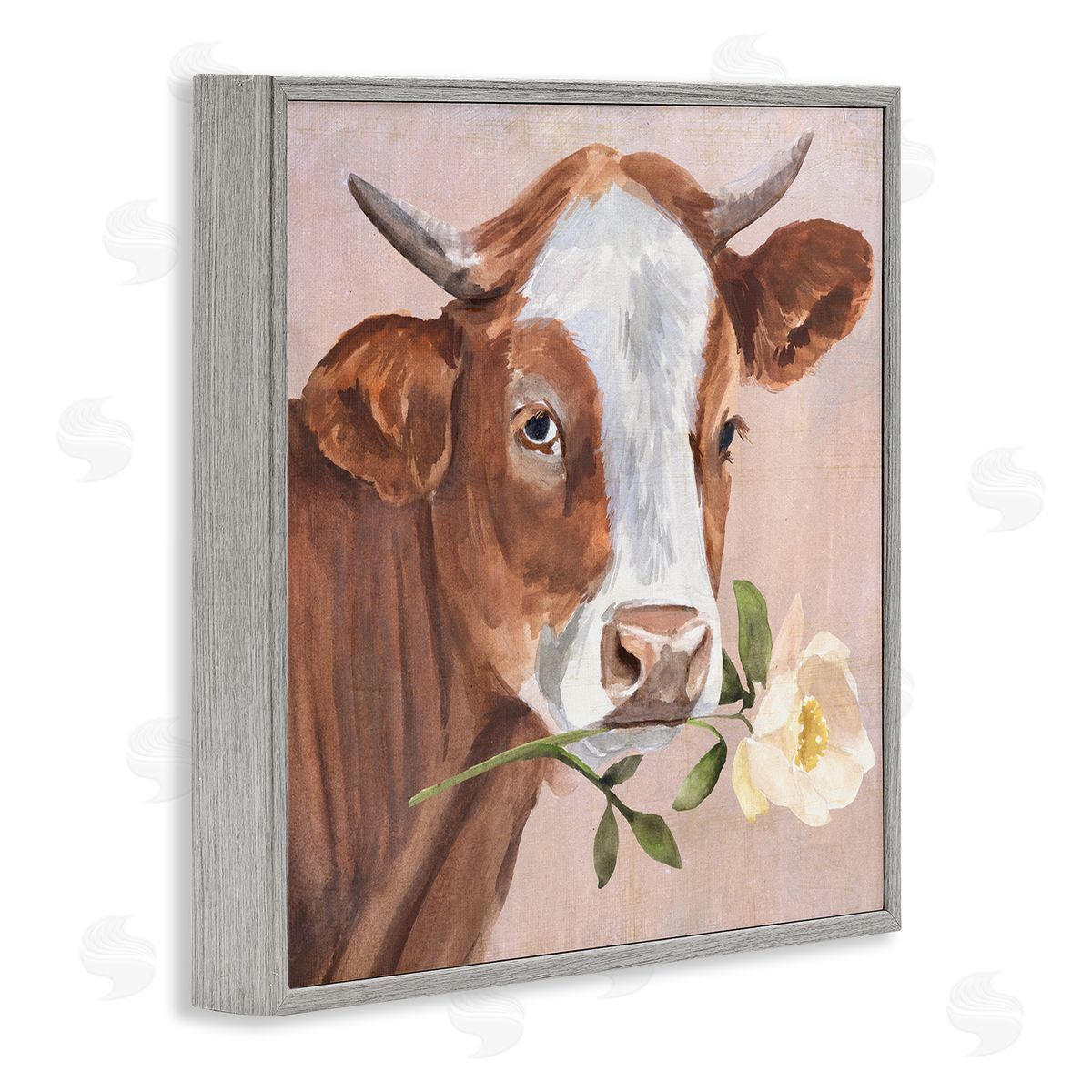 Annie Warren Cow & Rose Blossom Gray Framed Glicee Wall Art Print